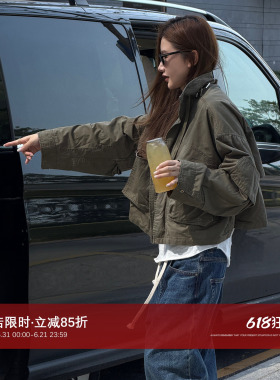 CHU楚妞[闲野]AW同源纯棉立领口袋做旧短外套2026春季新款女夹克