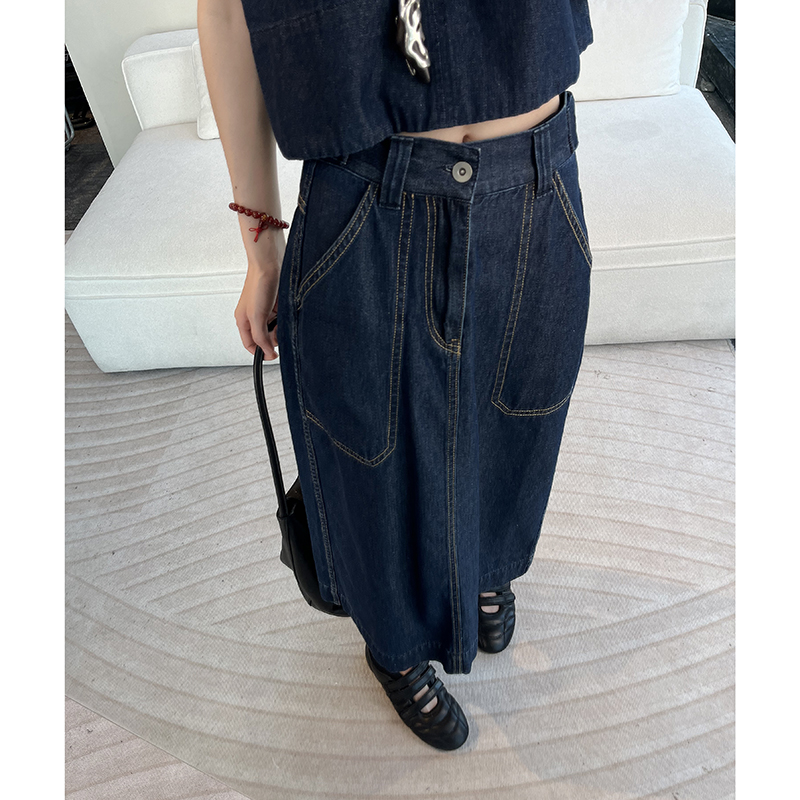 原色牛仔新款女包臀开叉复古裙子