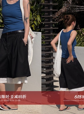 CHU楚妞[叙白]拼色短裤女夏季蓝色简约时髦百搭五分裤2026新款
