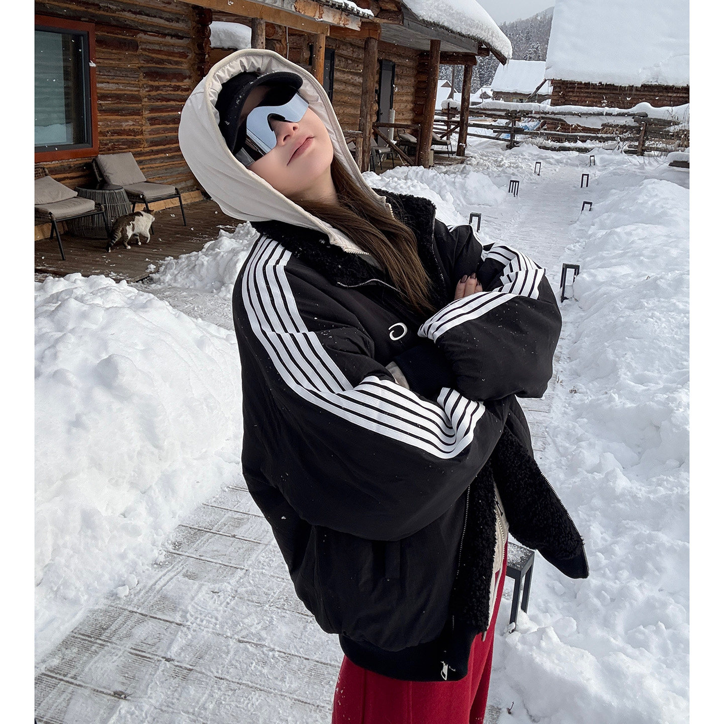 CHU楚妞[黑驰]B家五道杠条纹加绒休闲短外套 2025冬季新款女夹克,女装/女士精品,短外套,淘宝优惠券,粉丝福利购,淘宝优惠卷