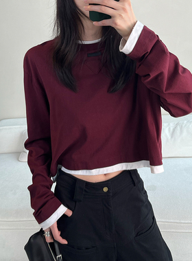 CHU楚妞[画笔]纯棉撞色假两件卫衣春季新款女休闲百搭T恤上衣