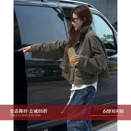 AW纯棉立领口袋做旧短外套夹克