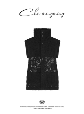 CHU楚妞[欧蕾]翻领拼接无袖蕾丝衫春季新款女百搭叠穿上衣