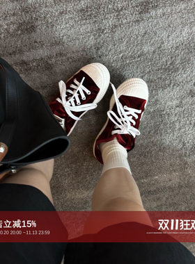夏季丝绒系带低帮厚底帆布板鞋