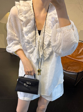 CHU楚妞[地素]苎麻薄款荷叶边衬衫2025夏季新款女防晒衬衣上衣