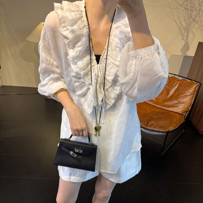 夏季新款苎麻薄款荷叶边防晒衬衫