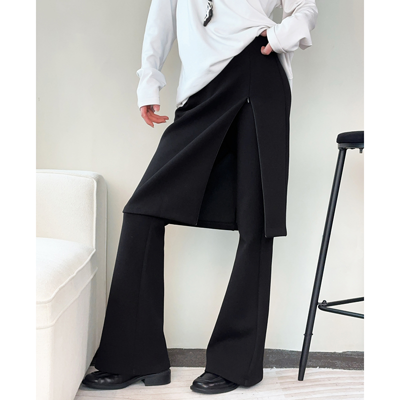 CHU楚妞假两件针织开叉修身休闲裤春季新款女设计感喇叭裤