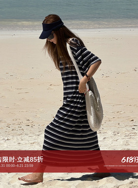 CHU楚妞[漫纹]女士条纹长款短袖连衣裙2026夏季新款女慵懒风T恤裙