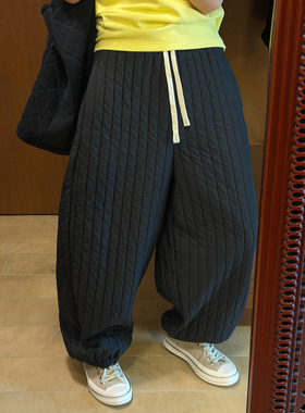 CHU楚妞[松雾]棉感竖条纹松紧腰休闲长裤2025冬季新款女阔腿裤子