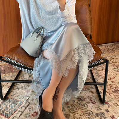 醋酸蕾丝拼接松紧腰半身裙裙子