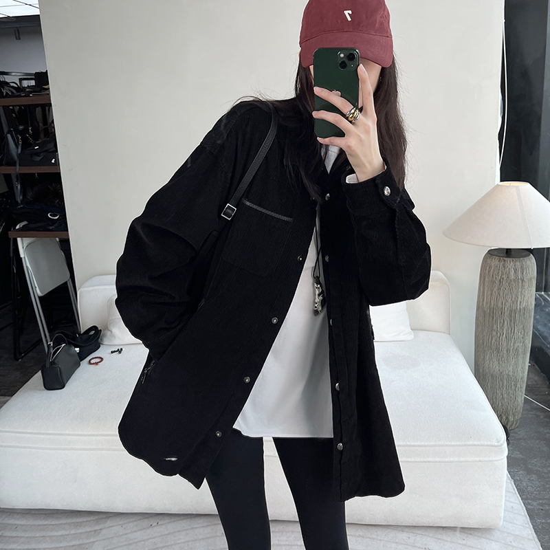 CHU楚妞[灯芯]羽绒翻领拉链衬衫春季新款女美式外套夹克上衣