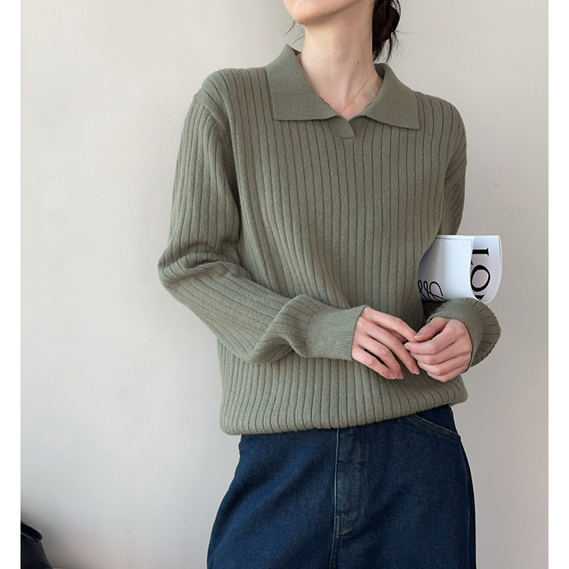 CHU楚妞坑条翻领毛衣2026春季新款女宽松百搭竖条纹针织衫上衣潮