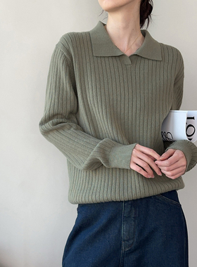 CHU楚妞坑条翻领毛衣2026春季新款女宽松百搭竖条纹针织衫上衣潮