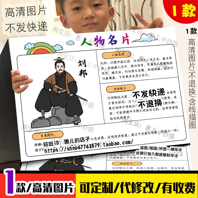 历史人物刘邦人物名片手抄报汉高祖刘邦人物档案电子小报模版线稿