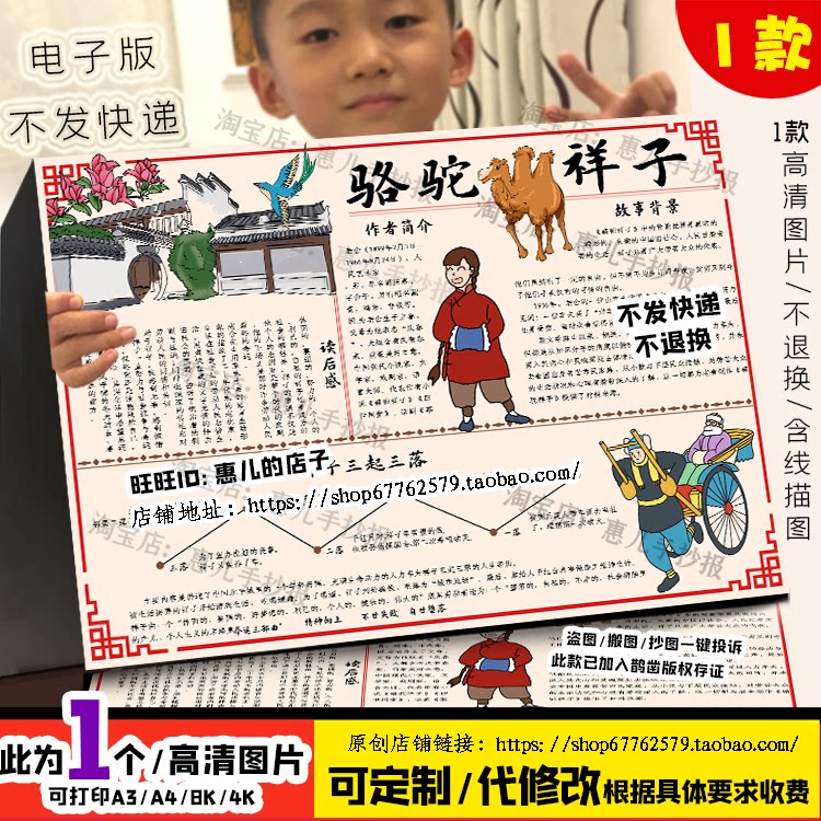 骆驼祥子手抄报初中七年级下名著阅读后感读书电子版小报线稿涂色