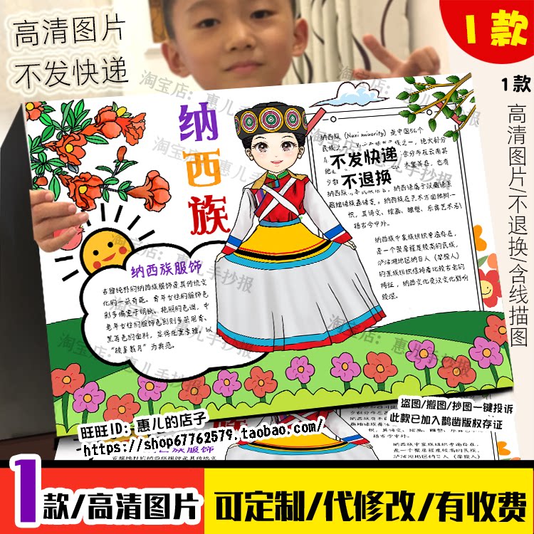 纳西族手抄报云南少数民族服饰传统风俗文化民族团结电子小报线稿