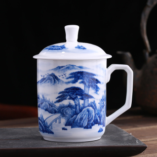 景德镇手工茶杯釉下青花手绘陶瓷茶杯带盖办公杯泡茶杯子家用水杯