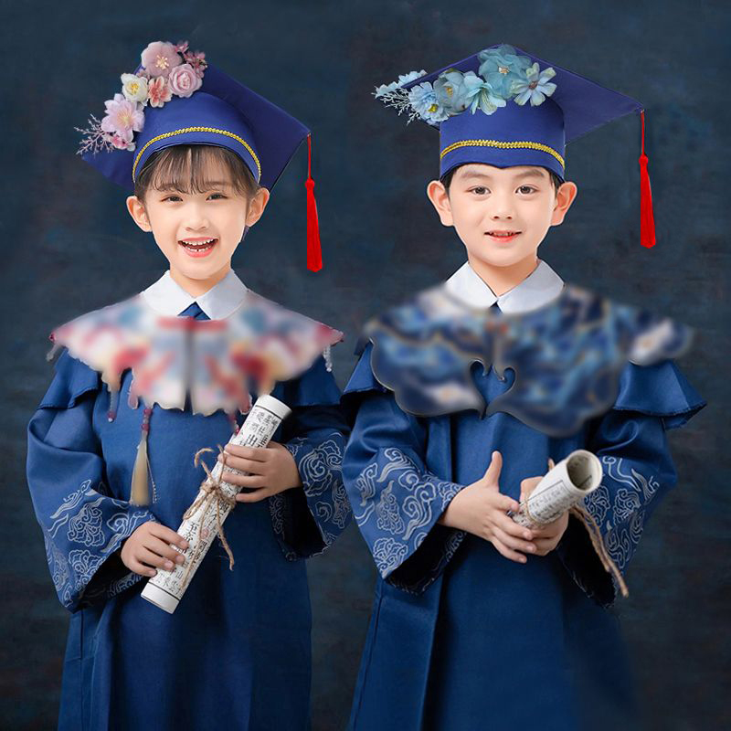儿童博士服幼儿园学士服毕业照博士帽簪花云肩国风学生新中式礼服