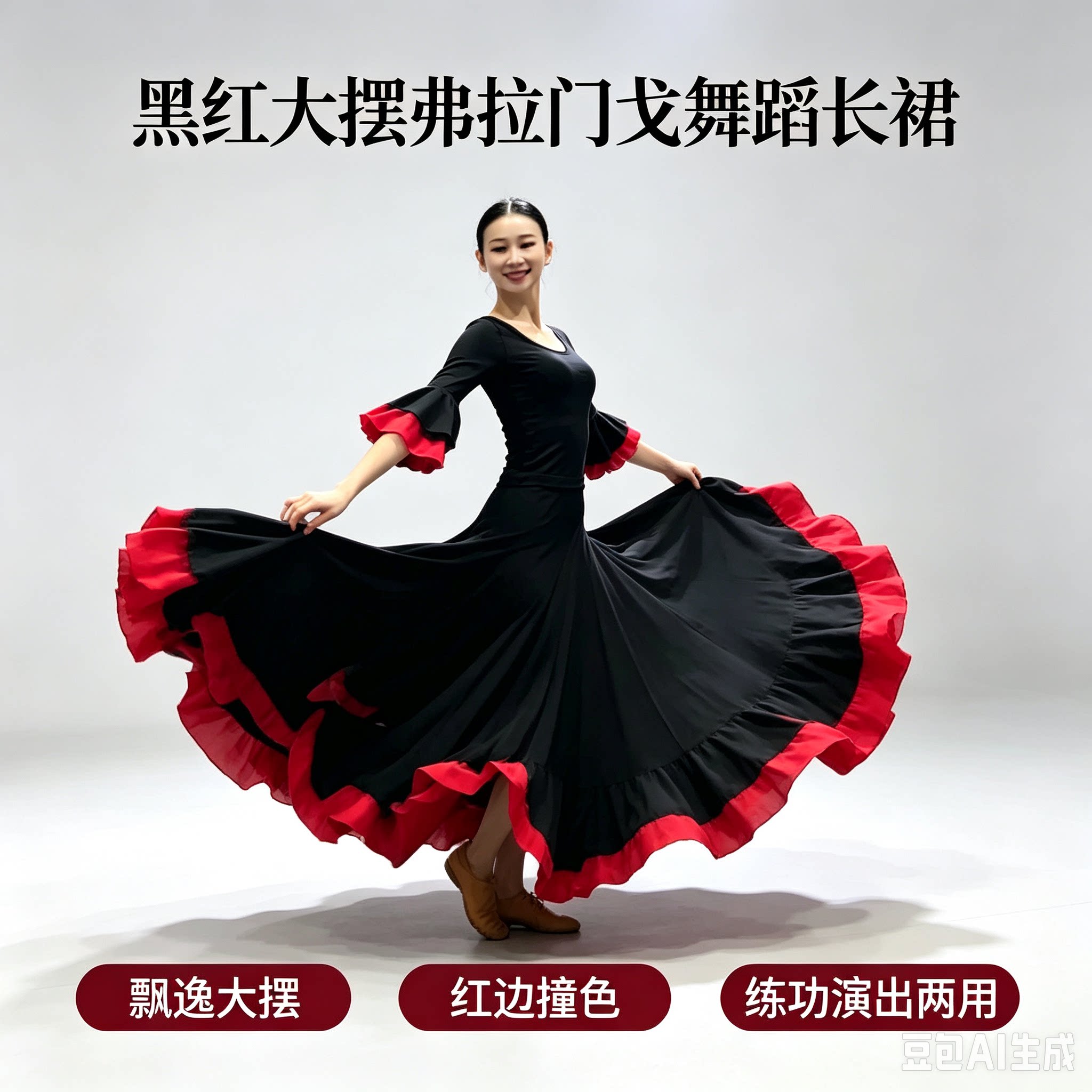 西班牙舞表演裙肚皮舞裙弗拉门戈舞 开场集体舞练习大摆裙