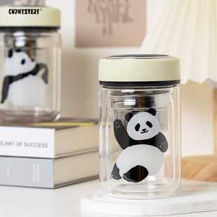 CUP mystery美国卡通熊猫玻璃杯可爱双层玻璃泡茶杯高颜值水杯