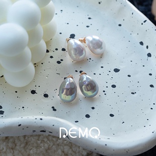 新品 Demo像恐龙蛋的马贝耳钉 炫光异彩水滴形复古纯银s925耳钉