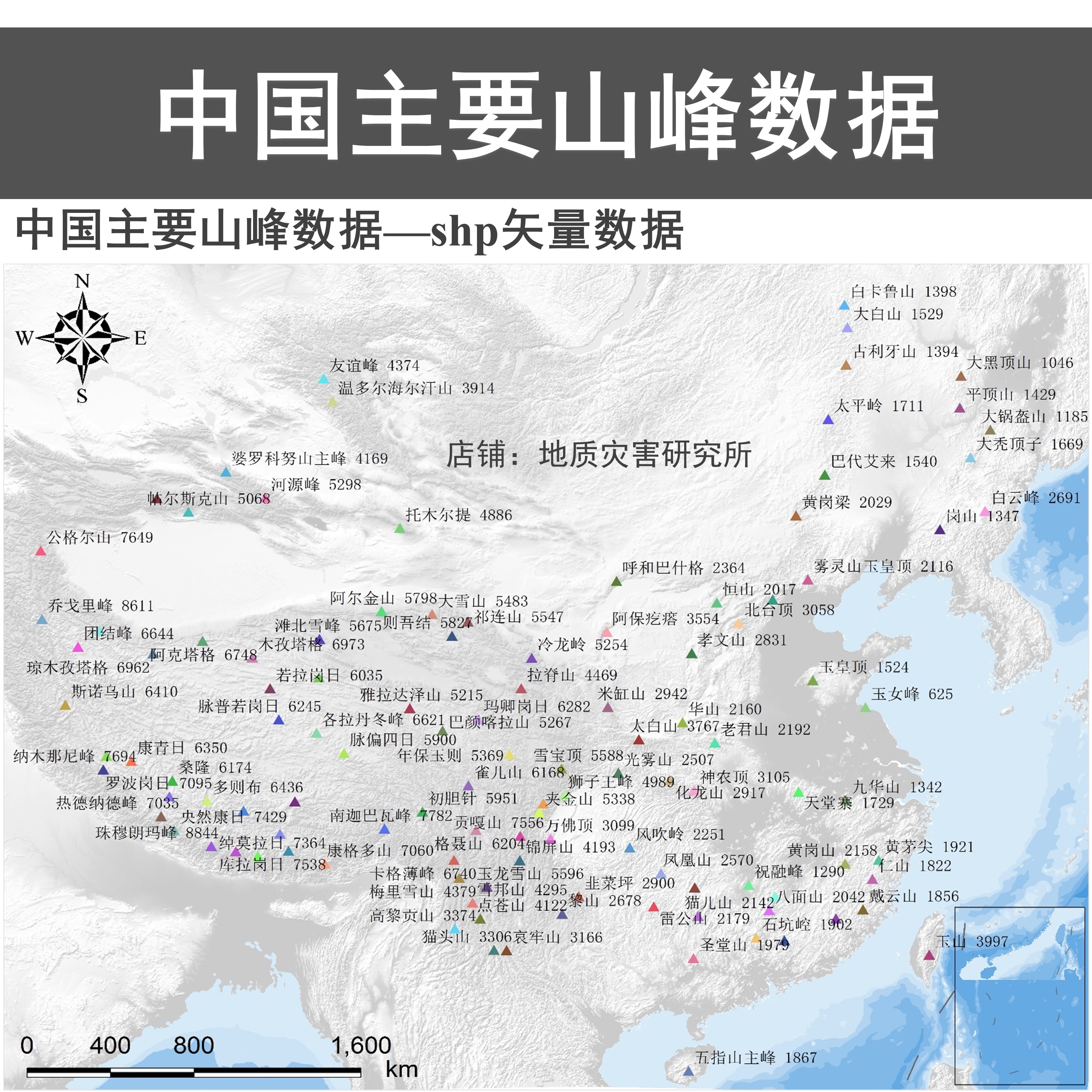 全国主要山峰数据山地类型shp矢量地形海拔山脉等级gis中国山系