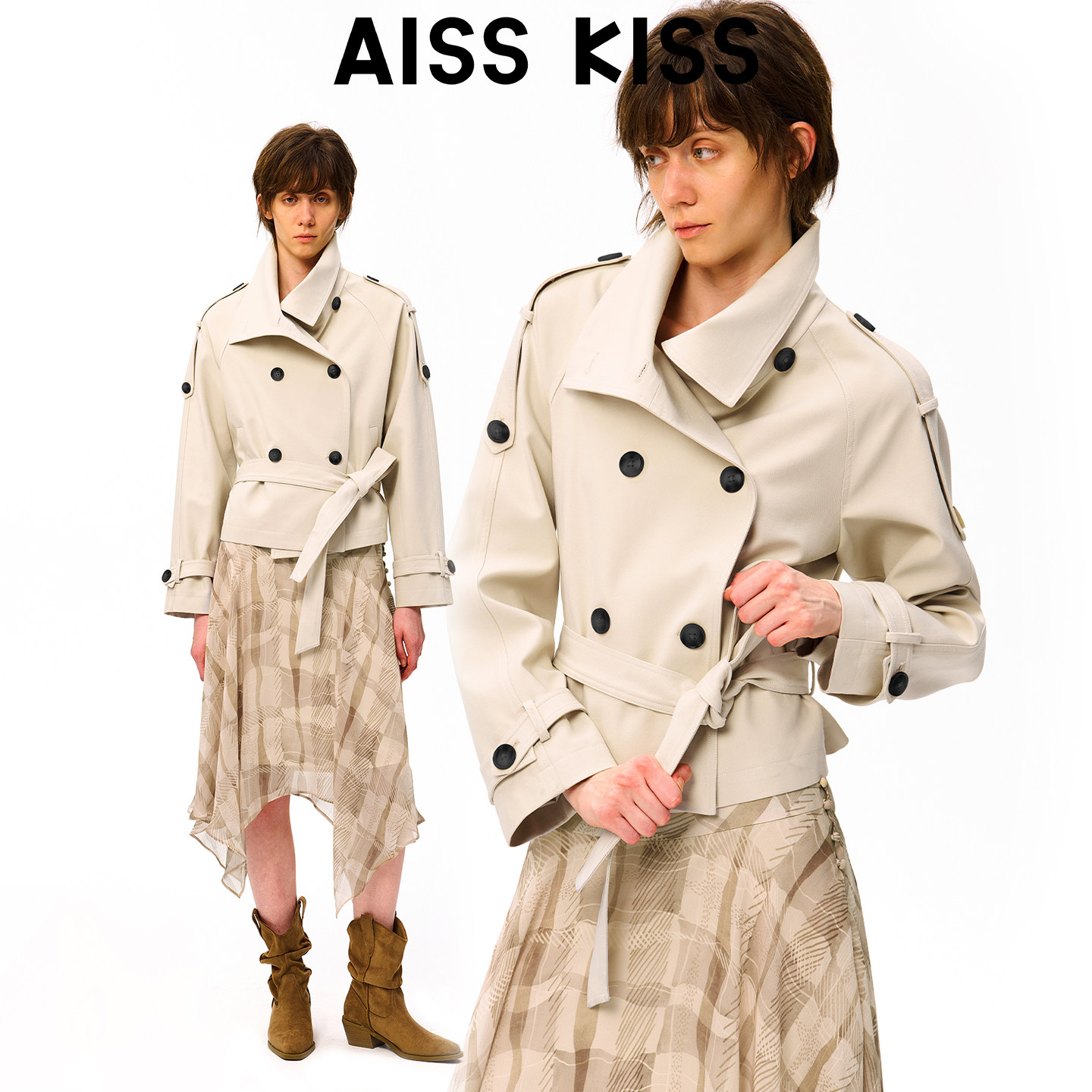 Aiss Kiss经典卡其色亚麻立领收腰设计感早春廓形短款风衣外套女