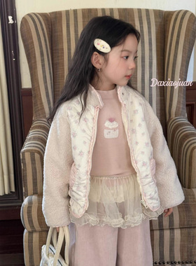 大小卷25冬季女童加绒加厚爱心口袋碎花棉服外套女-71083