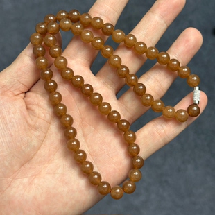 卡8mm 天然和田玉黄金糖料圆珠60颗项链青海老料带螺旋扣头保正品