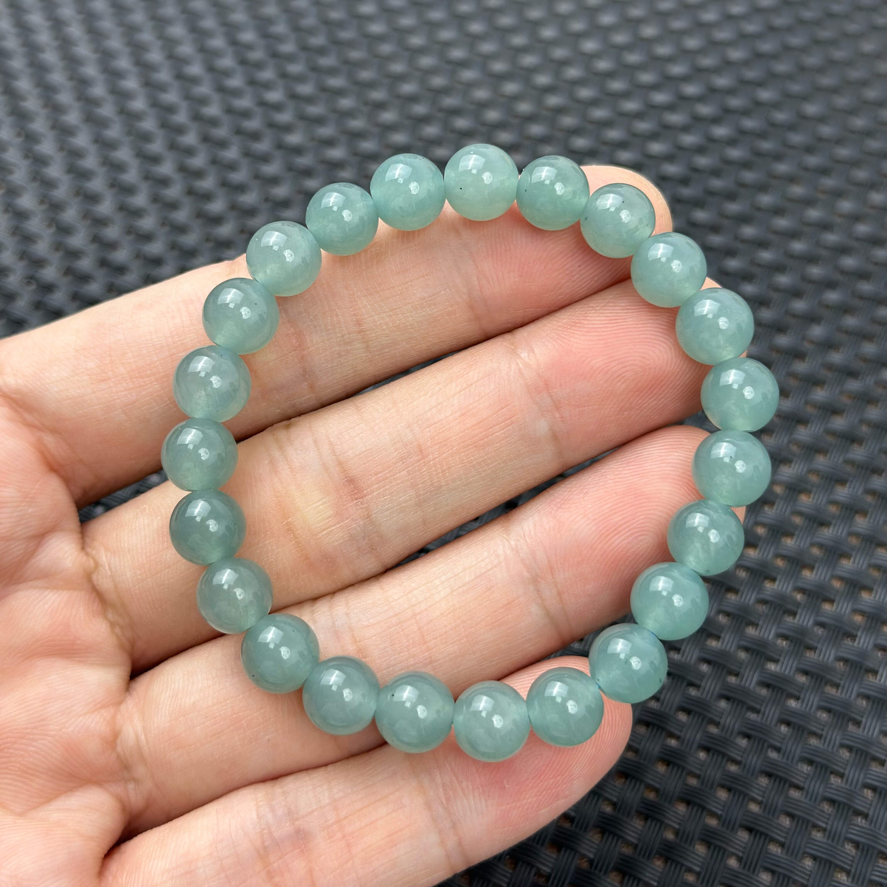 卡8mm 天然A货翡翠蓝水糯冰种水23颗圆珠手串危地马拉料正品保障图片
