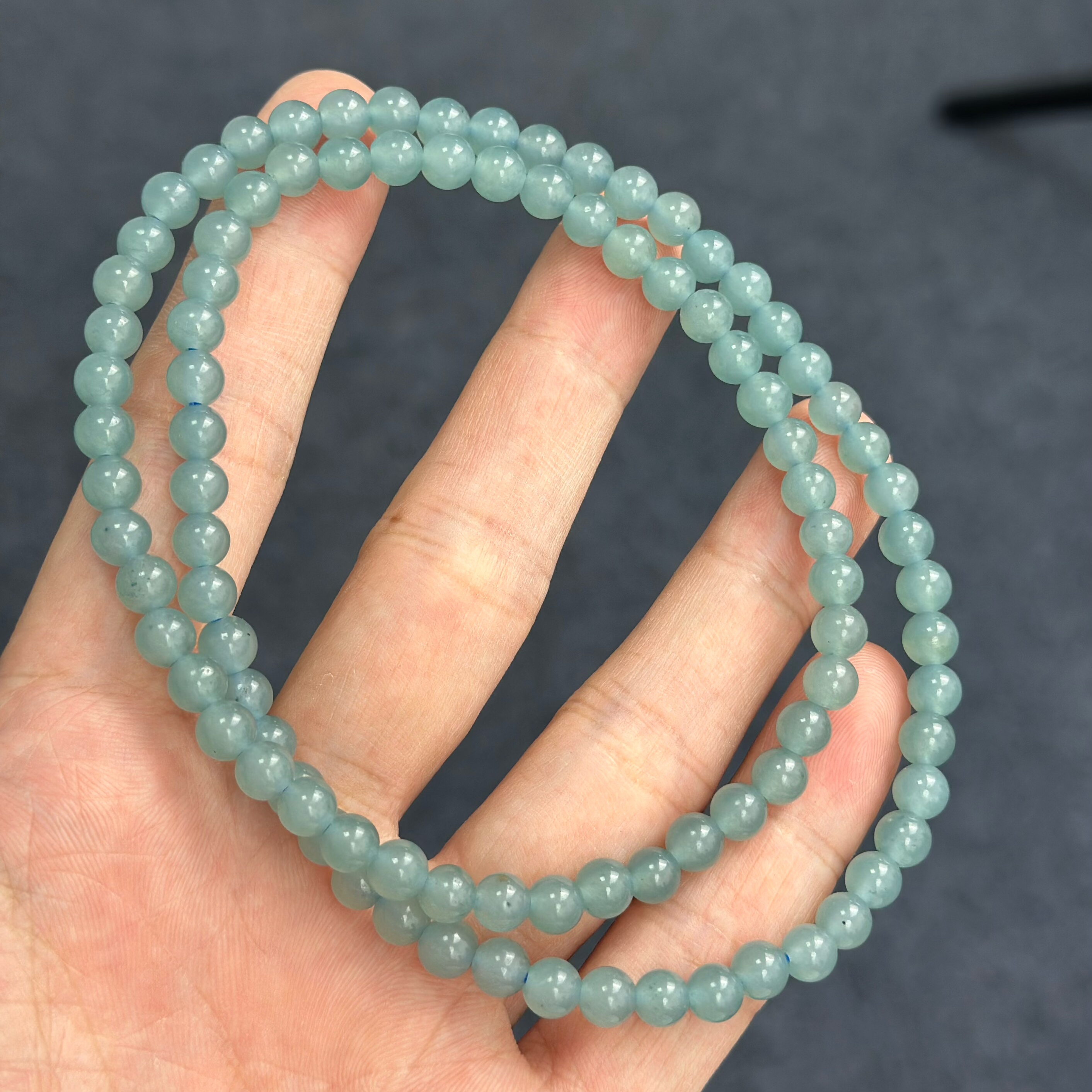 卡6mm天然A货翡翠蓝水糯冰种水90颗圆珠三圈手串短项链危地马拉料图片