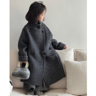 韩系童装男女童洋气双面羊毛大衣立领中长款秋冬中大童小个子外套