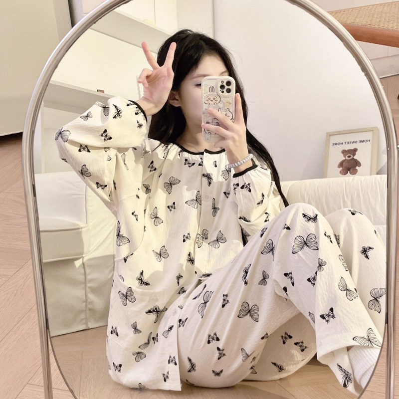 睡衣女春秋季云朵棉圆领开衫翻领蝴蝶印花长袖长裤两件套家居服