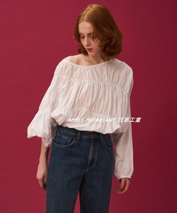 日系小众MIELI全棉衬衫 松紧斜抽褶设计ins风格
