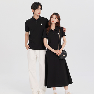 爱心刺绣高级感显瘦长裙 春夏黑色polo领连衣裙短袖 情侣装 2026新款