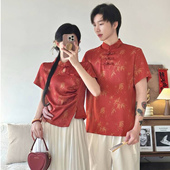新中式 上衣新年春节衣服 男女盘扣T恤衬衫 情侣装 夏红色中国风唐装