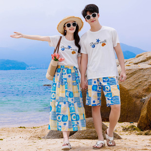海边度假情侣套装沙滩短半身裙三亚旅游印花短袖蜜月拍照情侣装