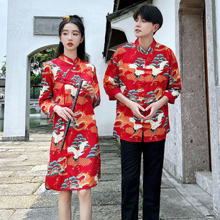 国风情侣装新款大码本命年旗袍改良连衣裙仙鹤高级感一裙一衣衬衫