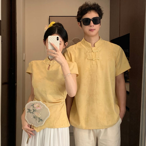 新中式情侣装短袖黄色立领盘扣中国风唐装汉服男女T恤衬衫汉服