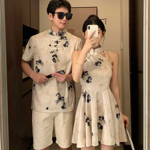 新中式情侣装夏装国风改良旗袍穿搭结婚高级感短袖套装一裙一衣潮