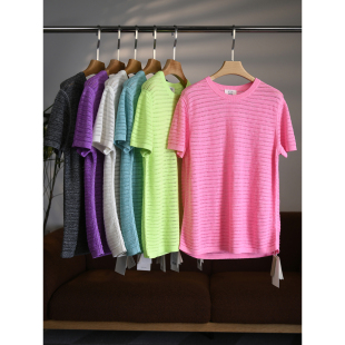 W2057 匠心J系羊毛＋亚麻挑孔柔软透气糖果色圆领针织短袖 颖颖家