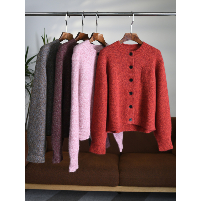 颖颖家 康宝莱重磅羊绒真丝混纺花纱罗纹圆领单排扣针织开衫W1632