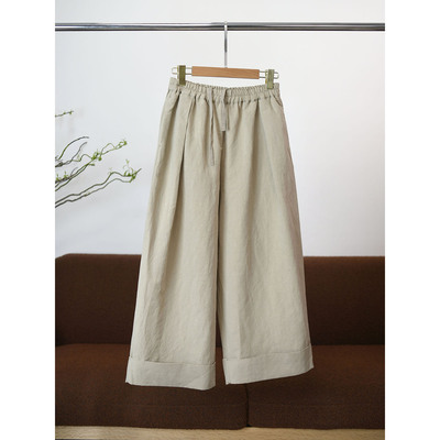 颖颖家  休闲日系文艺风 松紧腰棉麻混纺阔腿裤九分裤W1072