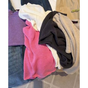 【颖颖家】多色收~凉感100亚麻自然卷边宽松休闲针织衫短袖 W2129