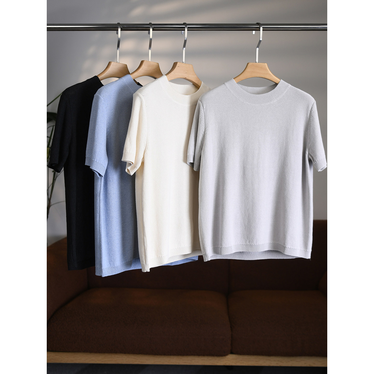 【颖颖家】进口和纸纱筋骨感柔软清爽透气圆领针织短袖T恤W1978