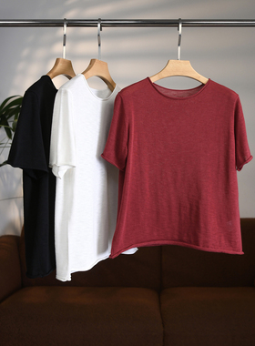 【颖颖家】绵羊毛空气感CHAO柔软亲肤自然卷边休闲针织短袖W2002