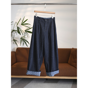 日系密织棉雪花点捏褶卷边印花半松紧腰休闲九分牛仔阔腿裤 W1731