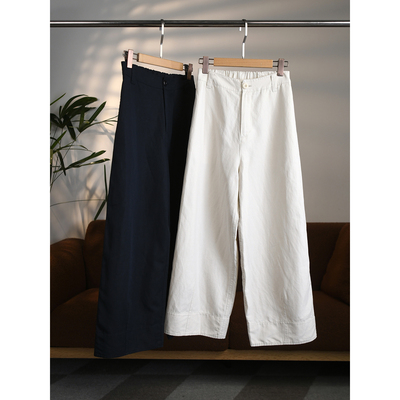 【颖颖家】裤型CHAO赞日系棉麻半松紧腰直筒阔腿弯刀九分裤W2144
