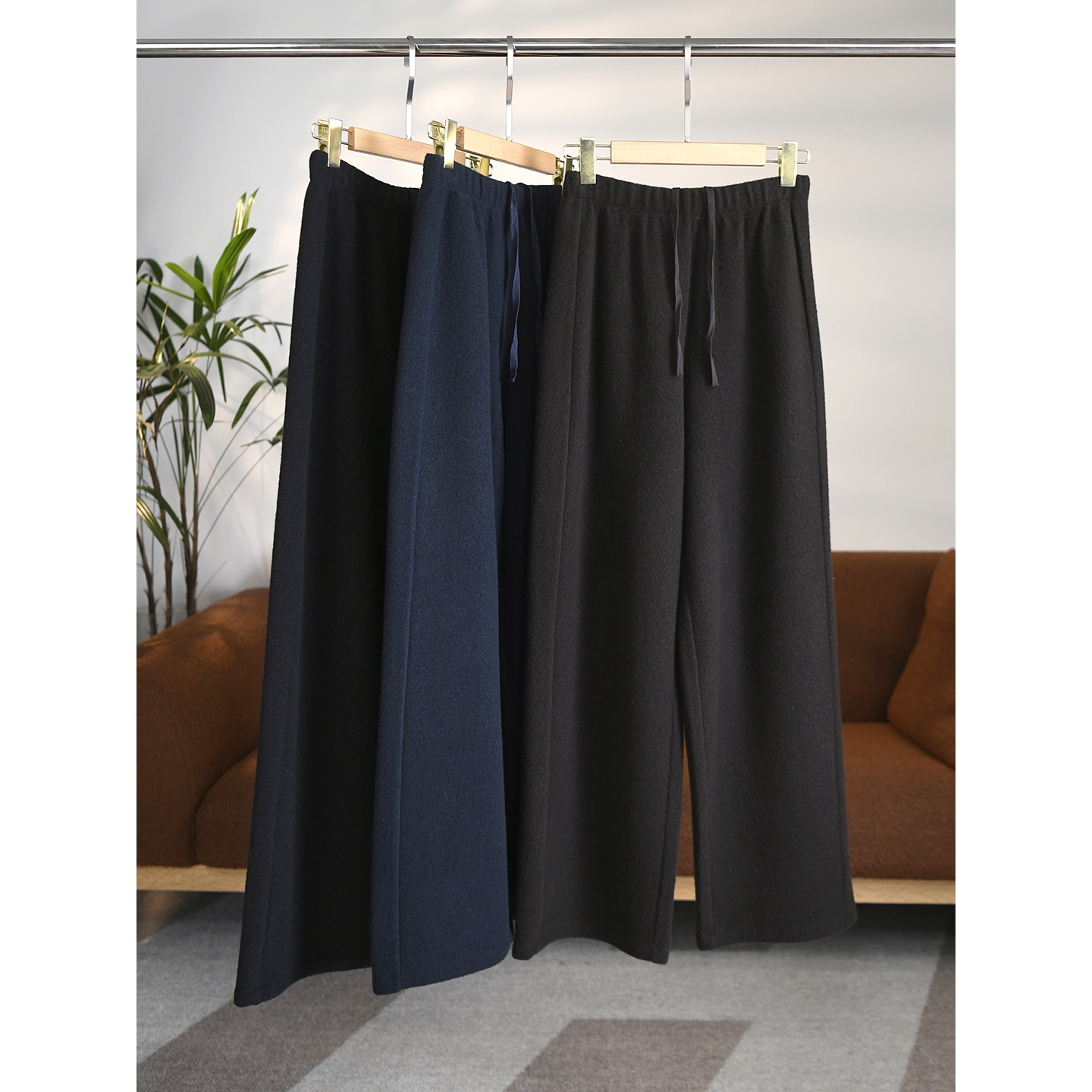 颖颖家 超软糯 日系毛呢纯羊毛松紧腰抽绳直筒阔腿裤休闲裤 W1777