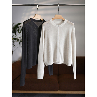 轻奢老钱风亚麻莱赛尔混纺镂空圆领拉链针织外套W1932 颖颖家